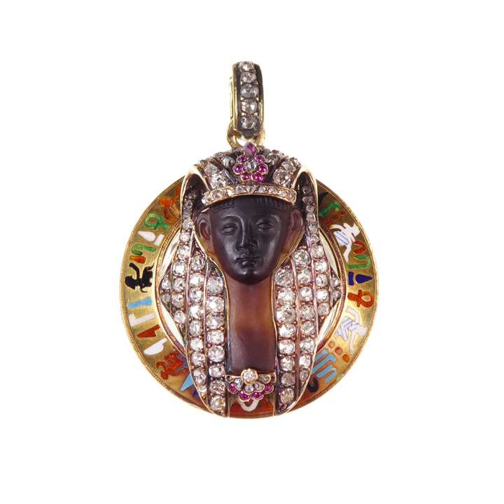 Egyptianesque diamond, gem and enamel agate cameo locket pendant
